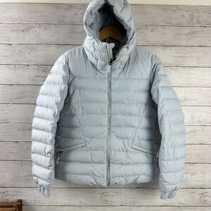 North Face Womens M 550 Down Puffer Jacket Goose Insulated Hooded Gray Aconcagua